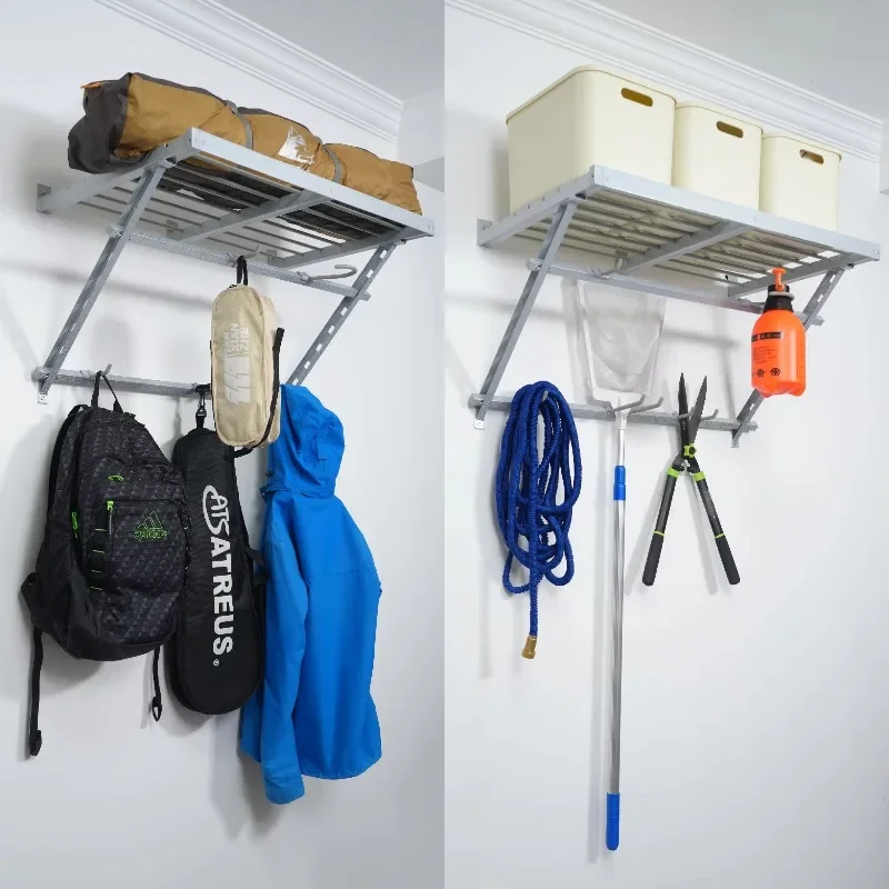 Practical wall-mounted storage rack with multi-function hooks, integrated shelves, and layered track storage