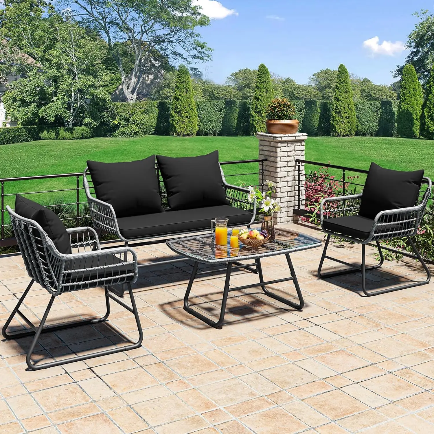 

4-Piece Patio Furniture Wicker Outdoor Bistro Set, All-Weather Rattan Conversation Loveseat Chairs for Backyard,Balcony and Deck