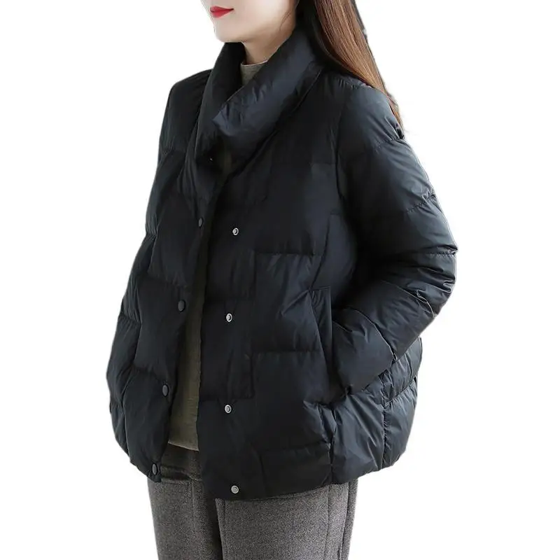 Lose Oberbekleidung Schwarze Entendaunen Frühling Herbst Neuer Stil Kurze Pufferjacke Damen Stehkragen Leichter Brotstil