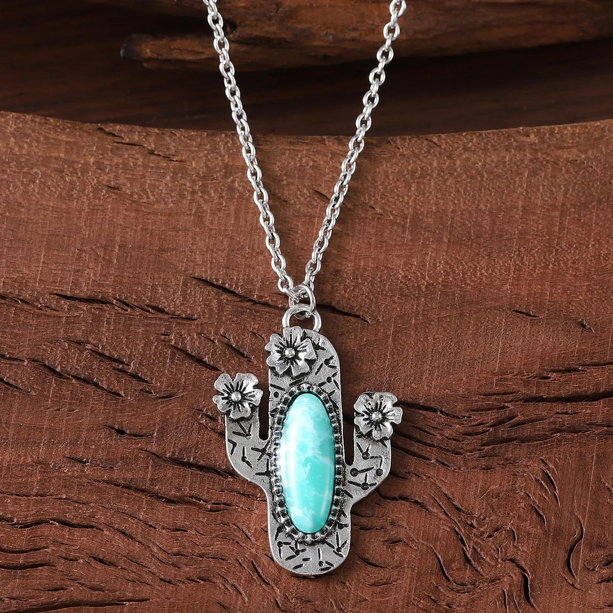 3.8*2.5cmWestern Saguaro Cactus Pendant Necklace for Women Turquoise Saguaro TURQUOISE CACTUS SILVERTONE NECKLACE Bohemian Style image 5