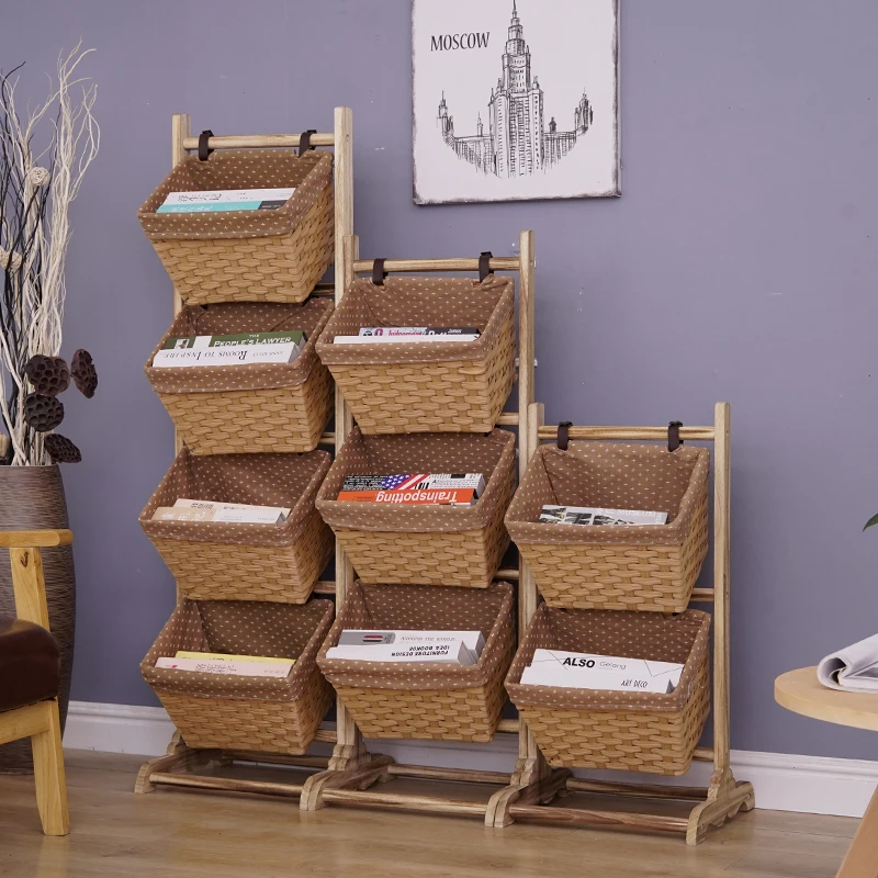 

Storage basket Floor-to-ceiling living room shelf Bedroom Solid wood rattan hanging basket Simple modern multi-layer storage