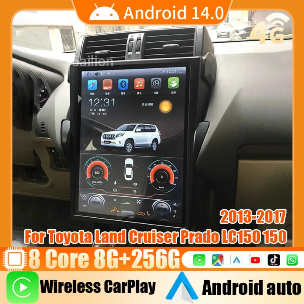 Android14 Car Radio For Toyota Land Cruiser Prado LC150 150 2013-2017 Tesla Automotive Multimedia Carplay Auto Bluetooth Stereo