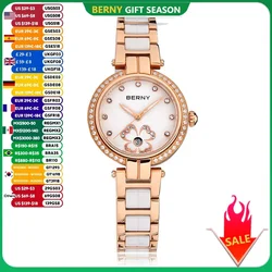 BERNY Women's watches Luxury Elegant Ceramics Quartz Ladies Wristwatch Small Dial Stainless Steel Casual Simple Dress Watch