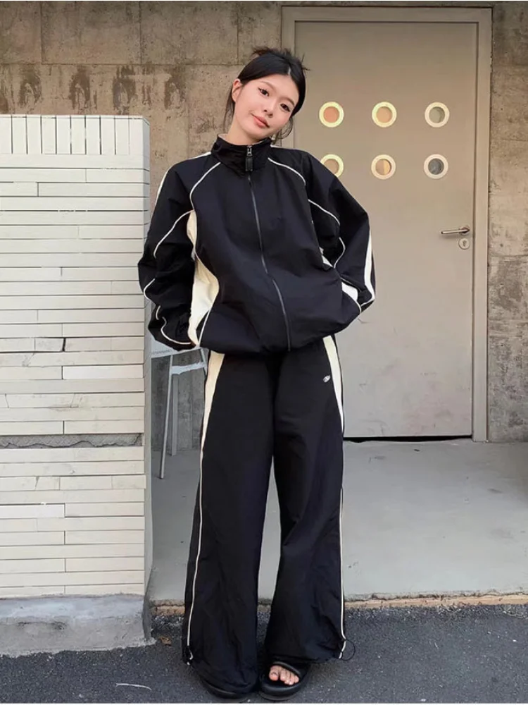 HOUZHOU Vintage Y2K Black Joggers Sweatpants Women Retro Streetwear Hip Hop Tracksuit Oversize Zipper Jackets Harajuku Pants Set