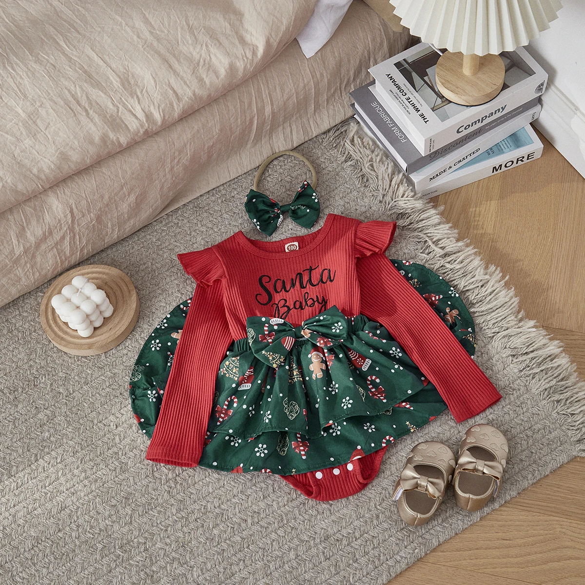 Christmas 0-2Y Baby Girls Romper Dress Long Sleeve Letter Santa Hat Print Romper with Bow Headband