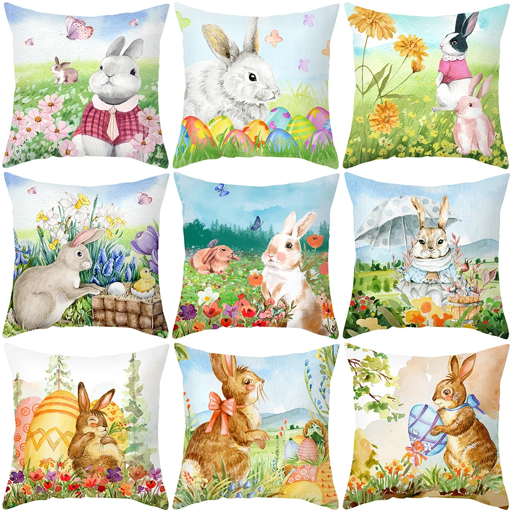 

Easter Pillowcase Watercolor Flower Rabbit Cushion Cover Happy Easter Day Home Office Bed Decorative Bunny Pillow Cover For Home