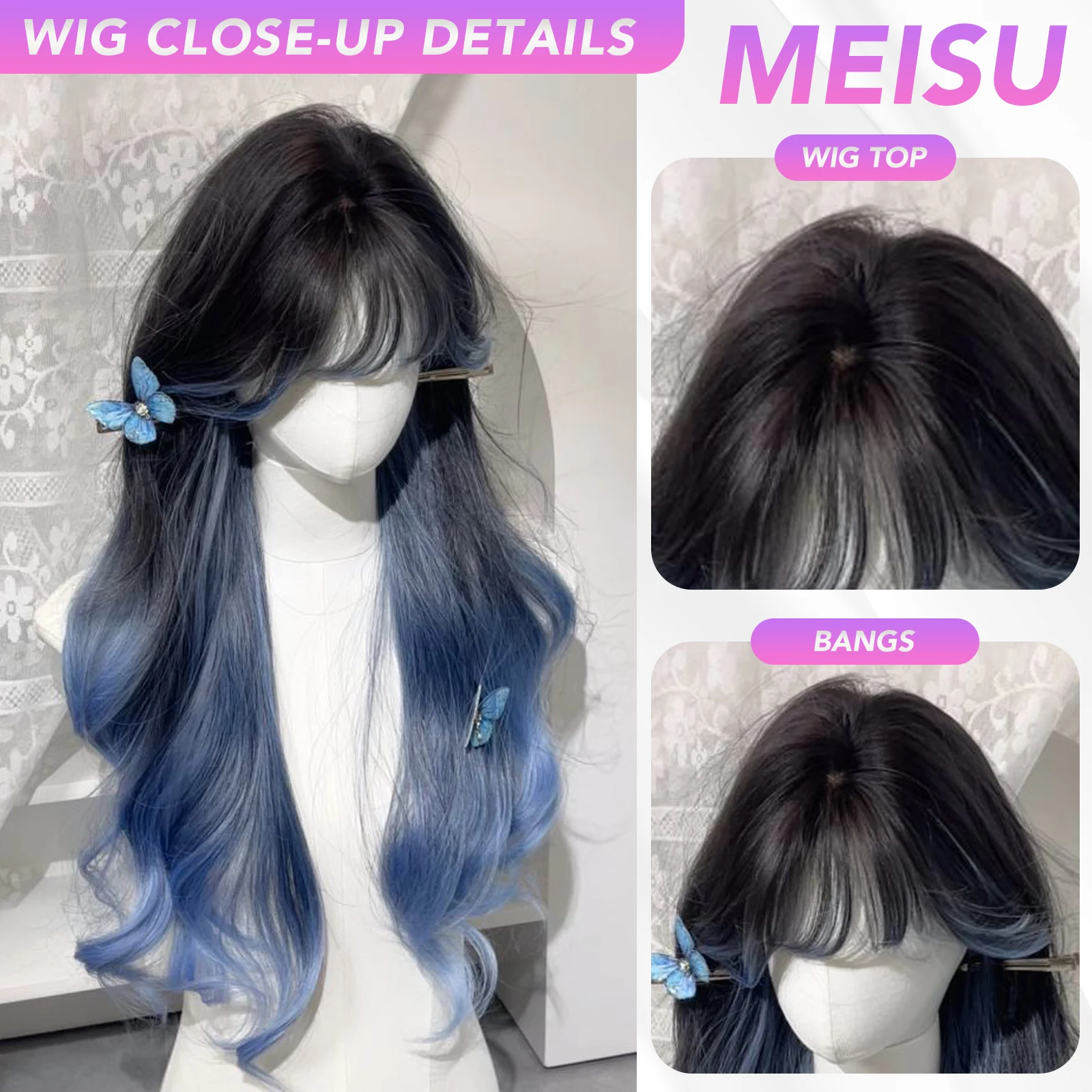 MEISU 26 بوصة الاصطناعية مجعد موجة الباروكات الهواء الانفجارات الشعر أسود أزرق مقاومة للحرارة الطبيعية وسلسة ارتداء اليومي للنساء