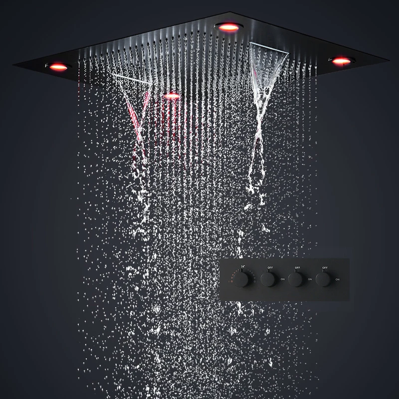 

hm Modern Ceiling Black Shower System Set Large Rainfall Waterfall LED Shower Head 600x800MM Bathroom Thermostatic Mixer Faucets