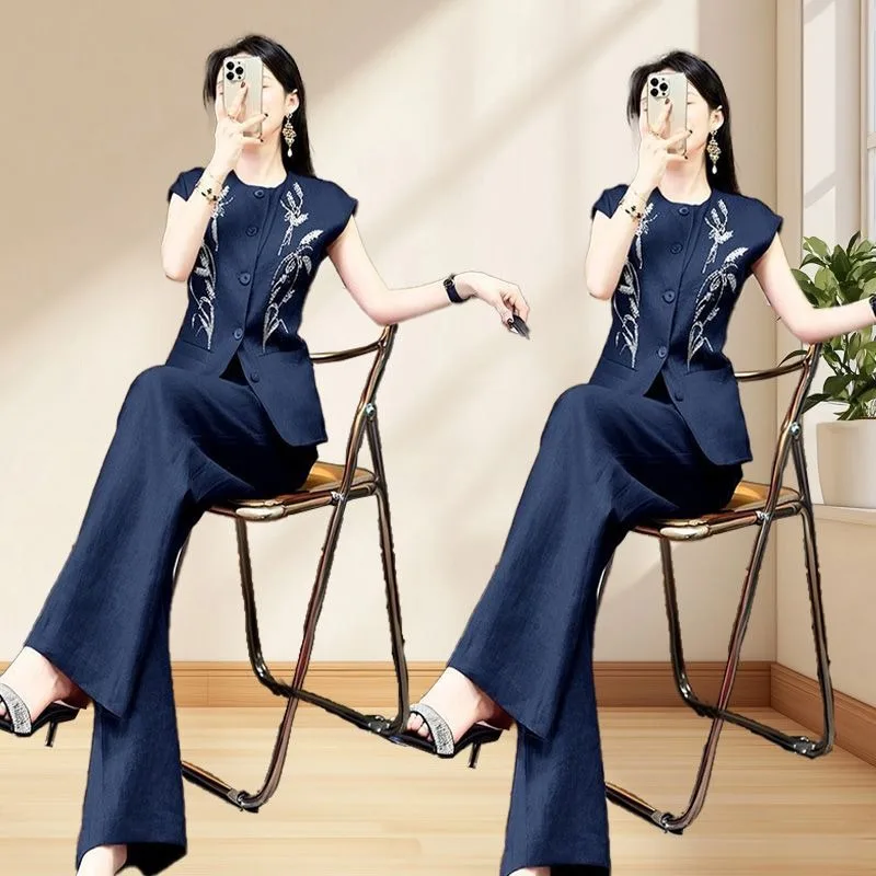 

New Elegant Summer women's suit Fashion Embroidery O-neck Sleeveless Vest Shirt + Wide Leg Pants Two Piece Set Office Lady