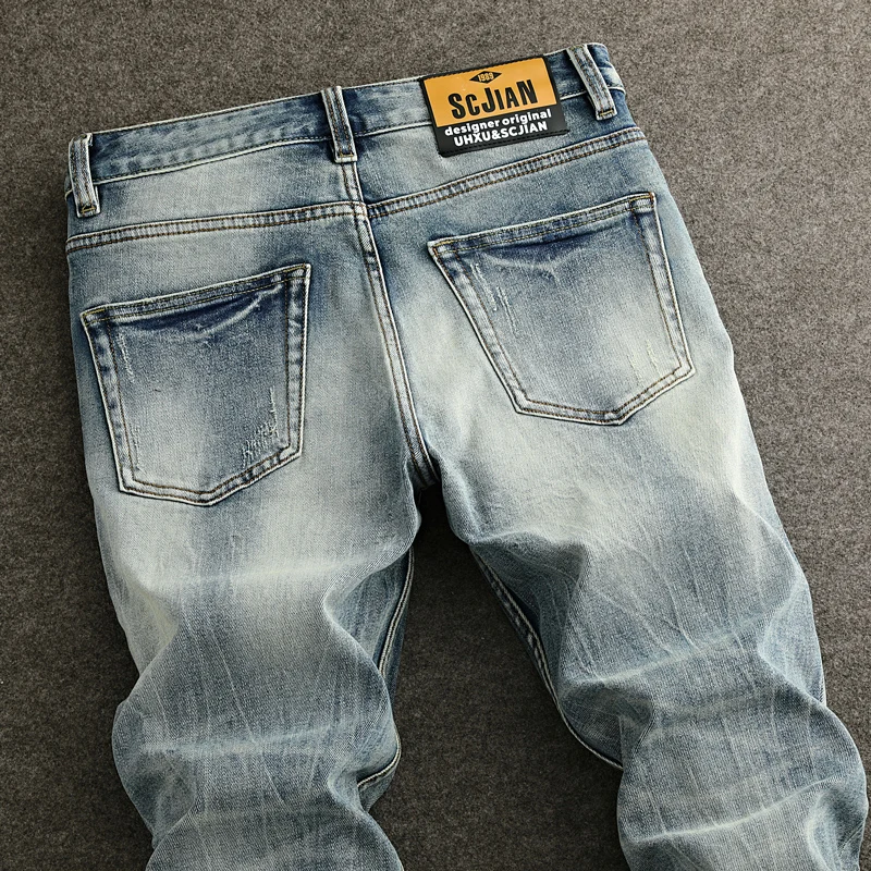 Jeans jeans rasgado azul claro masculino, calça stretch retrô, ajuste fino, reto, vintage, alta qualidade, designer de moda