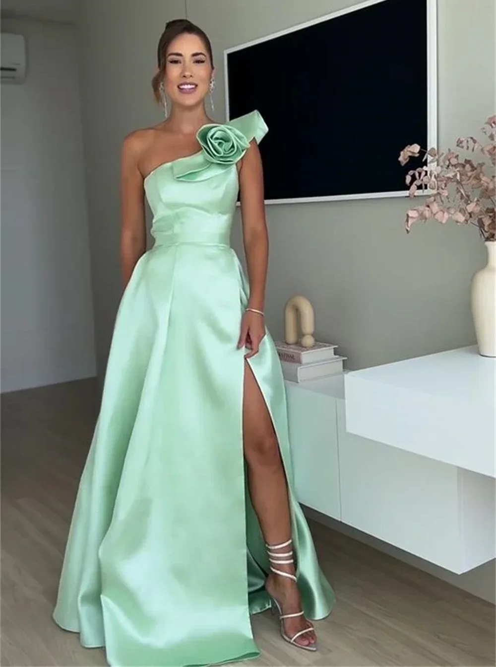 Brilhante-vestido de baile com um ombro, vestidos elegantes, requintados, clássico, estilo moderno, formal, à noite, elegantes, flores sexy