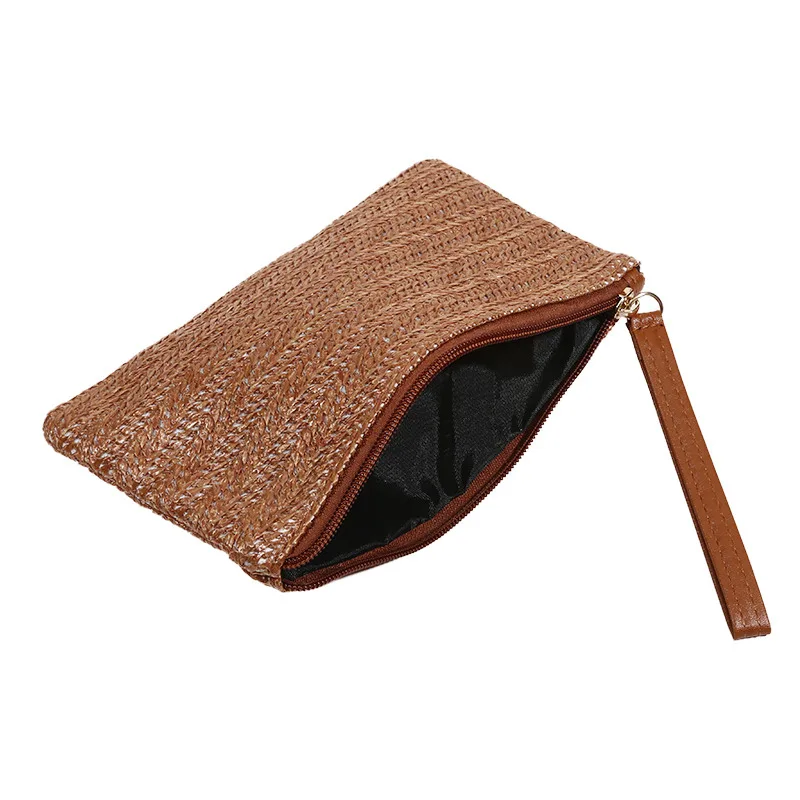 

Women Clutch Bag Handmade Backpack Fashion Ladies Wristlet Girl Phone Solid Straw Woven Coin Purse Beach Wallet Fresh Sweet