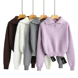 Women Zipper Turtleneck Sweaters Solid Color Autumn Winter Pullovers