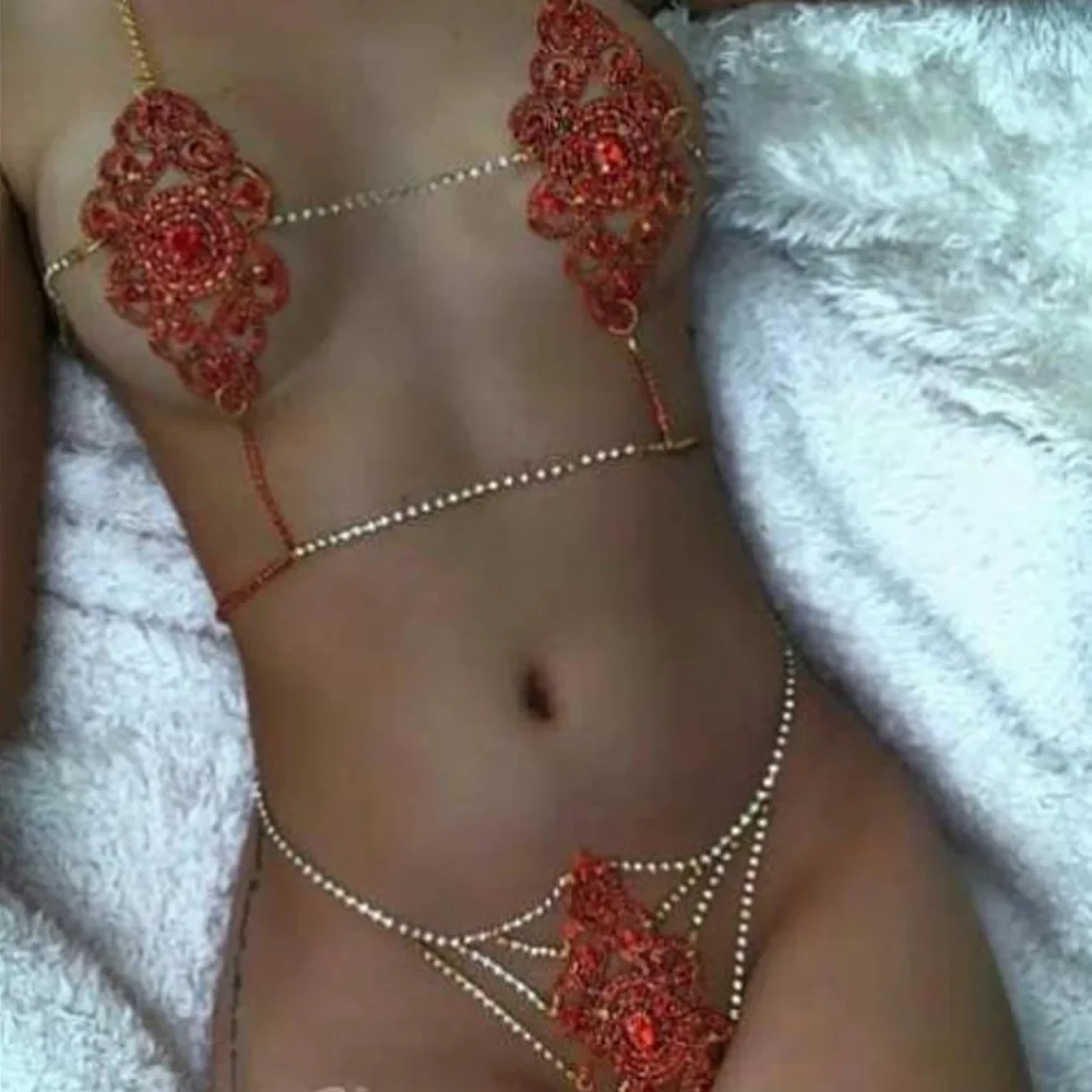 Trendy Ins Fashion Flower Shining Perspective Bikini, Body Chain Set Red Crystal Shining Sexy Nightclub Clothing Body Jewelry