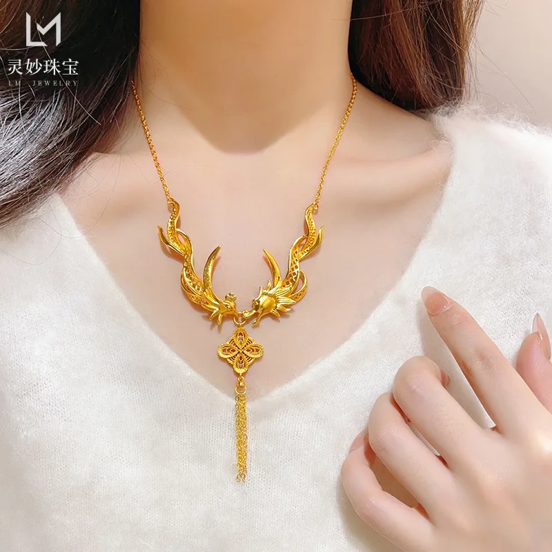 

18-каратное позолоченное ожерелье с подвеской в виде нитью Дракона и Феникса, свадебная имитация трех золотых цепочек на ключицы, женские подарки
