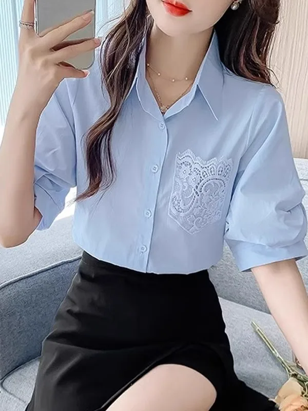 

Ele ort Sve Embroidered Cotton irt for Women Summer High-End Lightweight Top Small Size Faionable Busin Casual