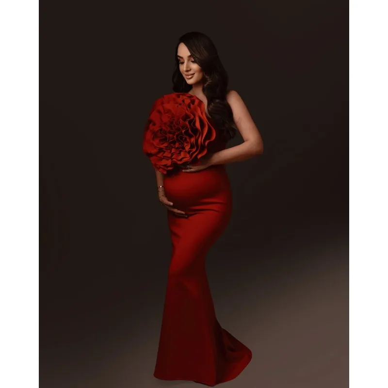 Red Ruffle Maternity Dress Photoshoot  Photography Dress Baby Shower Dresses for Pregnant Woman 웨딩촬영 원피스