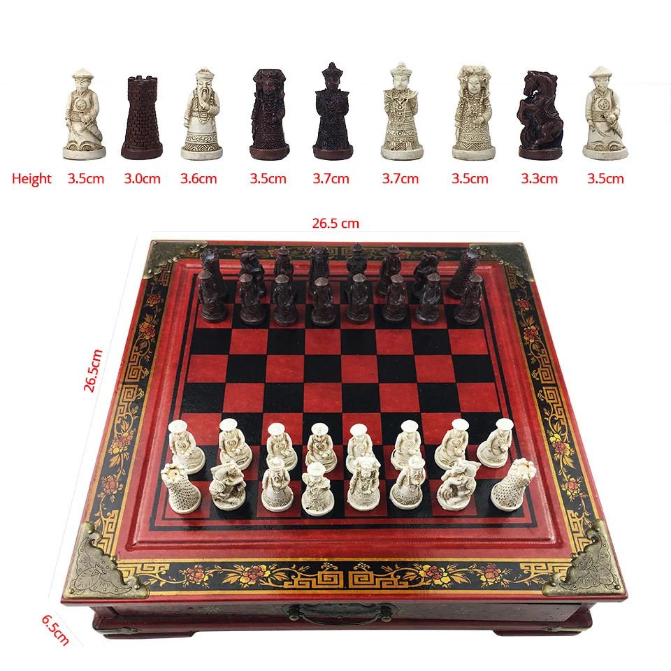 Wooden Chess Set Terra Cotta Warriors or Manchu troops International Chess Game Resin Chess Pieces Wooden Cassette Chessboard 57