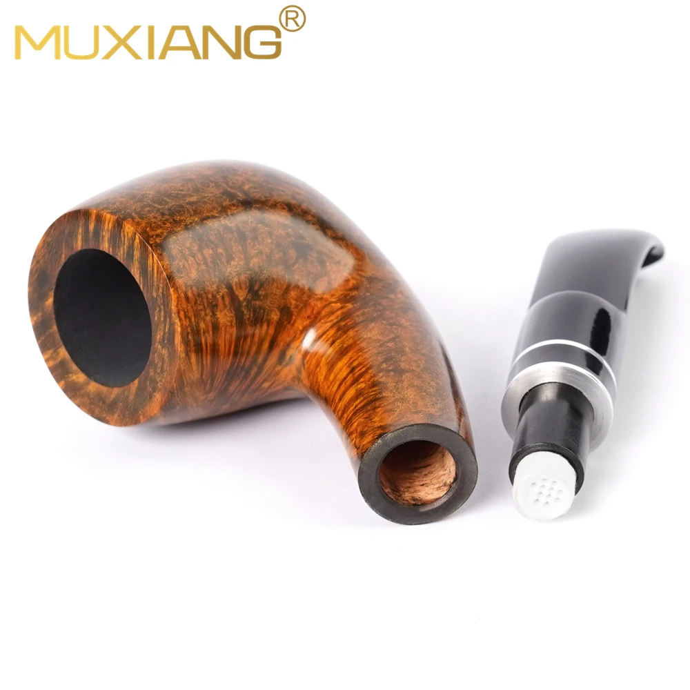MUXIANG Black Sandblast Bent Billiard Briarwood Tobacco Pipe Saddle Stem With Double Silver Metal Ring 9mm Filter Channel