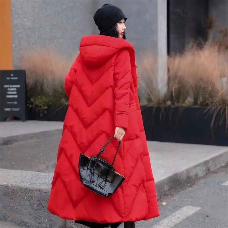 

Down Cotton padded jacket women Parkas 2025 winter new hooded Mid-Length Pockets thick Warm cotton Clothes loose overcoat