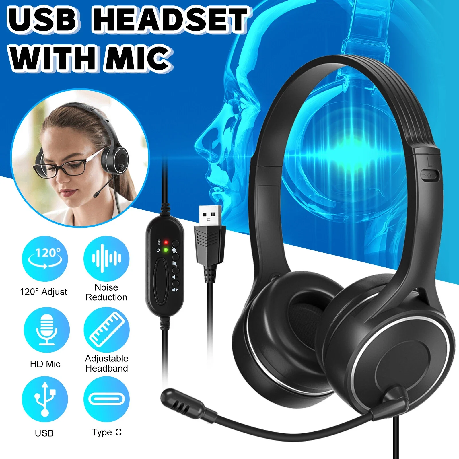 

USB Headset Built-in Noise Cancelling Microphones Stereo Wired Mic for PC Laptop