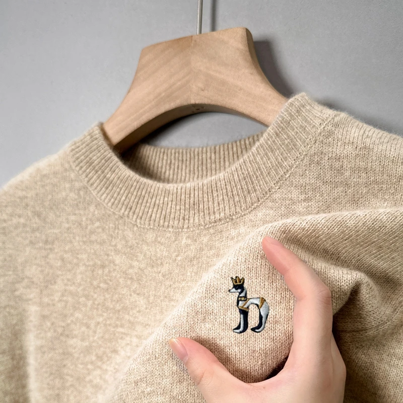 

Light Luxury Brand Men's Knit Wool Sweater O-Neck Cartoon Dog Embroidered Pullover Winter Warm Soft Casual Sports Men's Clothing