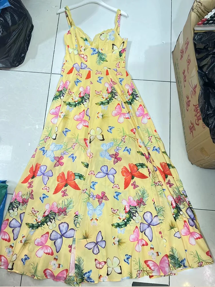 Summer new elegant dress with suspenders flower print high waist slit dress va va voom big swing A-line skirt.