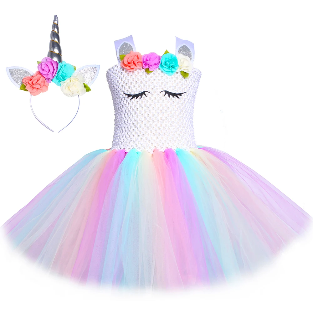 Girls Princess Unicorn Tutu Dress Outfit Pastel Flowers Baby Girl Birthday Party Dresses Tulle Kids Halloween Cosplay Costumes