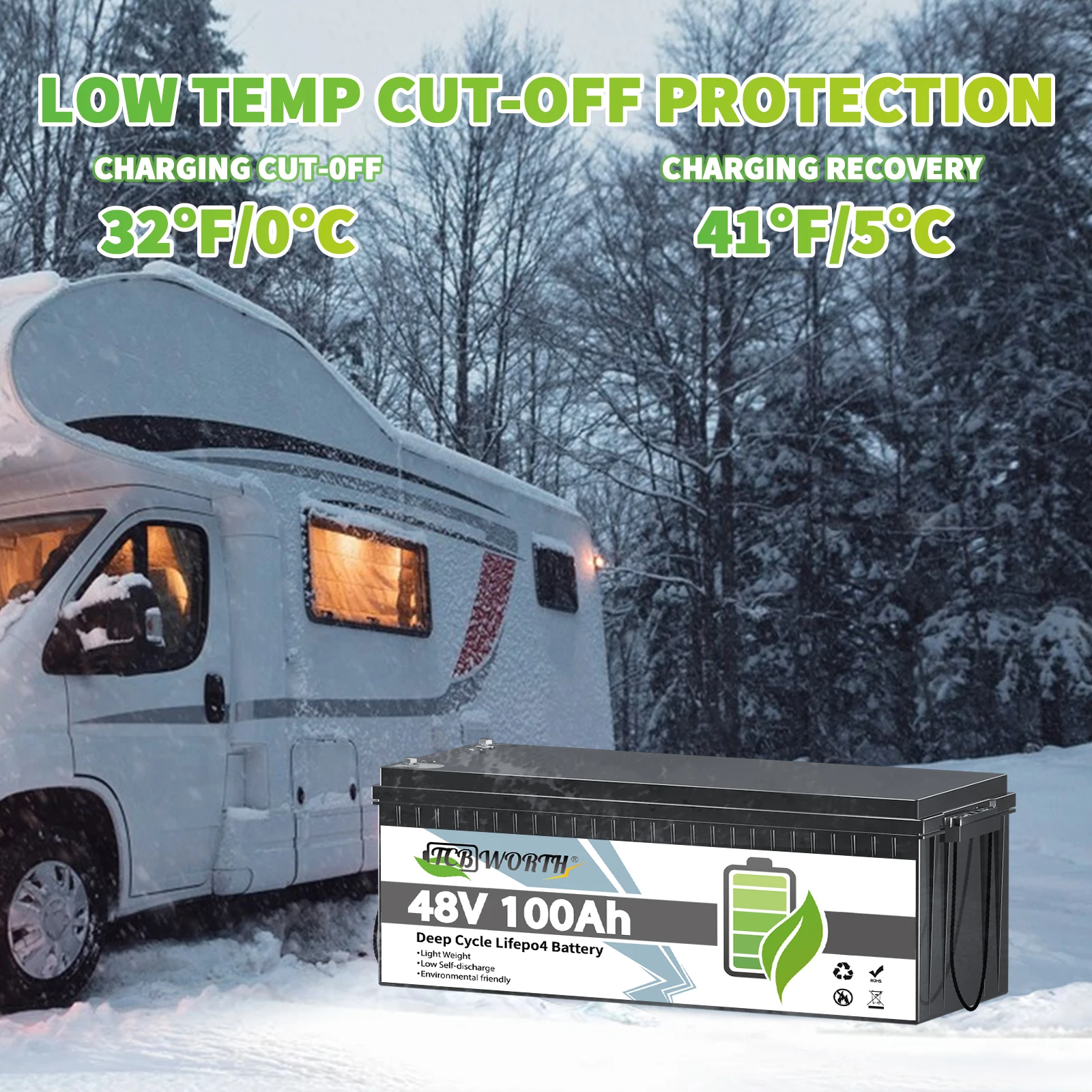 TCBWORTH 48V 100AH LiFePO4-Lithiumbatterie mit 100A BMS und 5120Wh Energie für Golfwagen, Marine, Solar, netzunabhängiges Wohnen, Wohnmobile, Marine – Detail 2