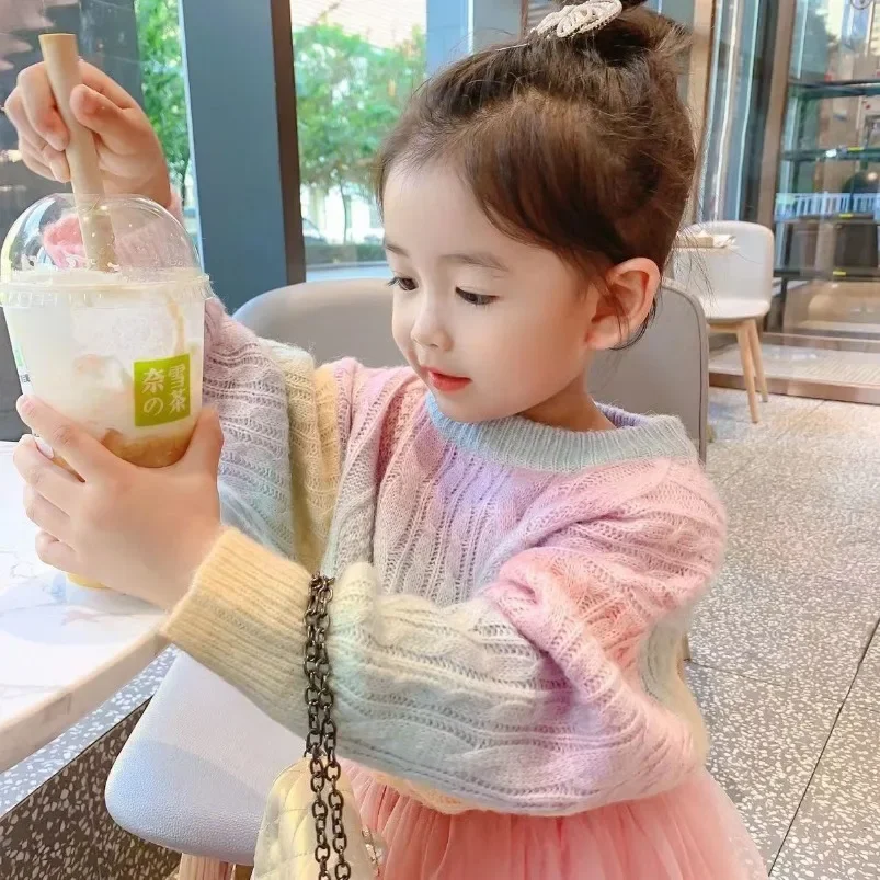 

New Rainbow Knitted Cardigan Sweater Infant Toddler Child Sweet Kawaii Sweater Coat Fashion Girls Gradient Jacket Clothes