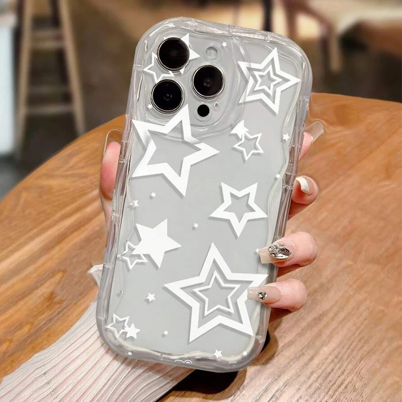 White Stars Pattern Print Clear 3D Wave Phone Case For Xiaomi 15 Cases Xiaomi 14T Pro 13 12 11 Lite 5G 14 12T Transparent Cover