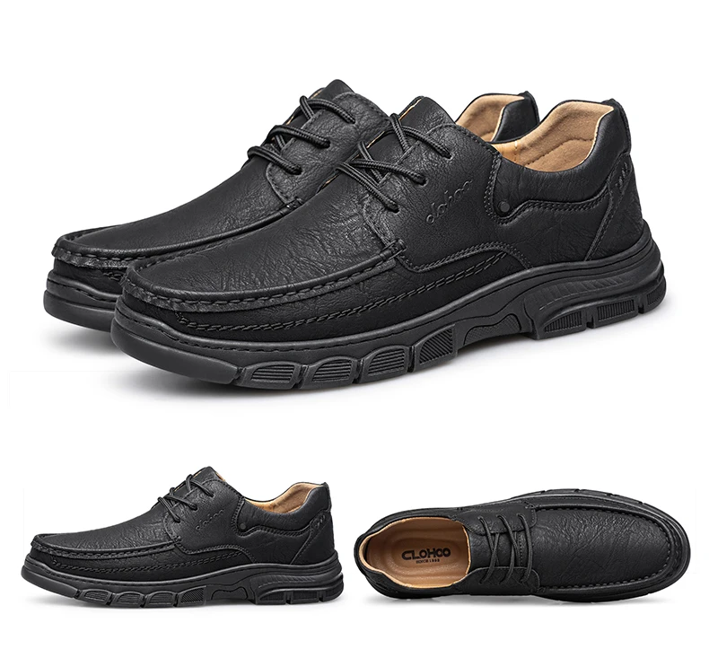 CLOHOO Men's Handmade Thick Rubber Bottom Breathable Casual Leather Shoes Classic Sewn Loafers Comfortable Leisure Footwear