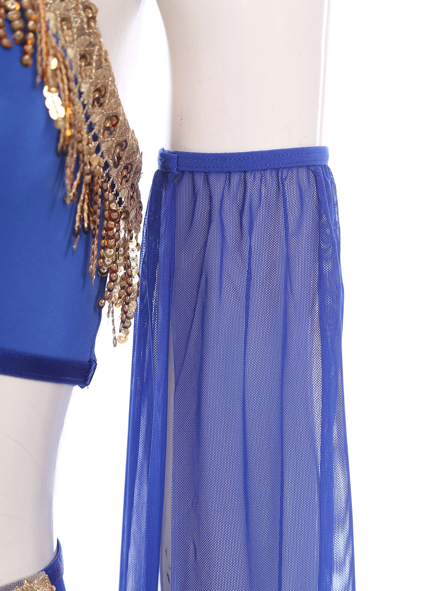 Womens Belly Dance Outfits Sequin Tassel Spaghetti Straps Crop Top with High Slit Sheer Mesh Skirt and Thong Pole Dance Costume