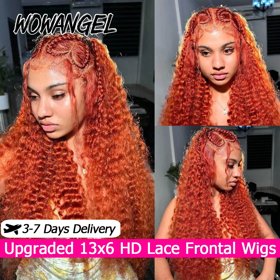 

250% Orange Ginger 13X6 HD Lace Front Human Hair Wigs Water Wave Full Frontal Wigs 350# Colored Curly Glueless Wigs For Women