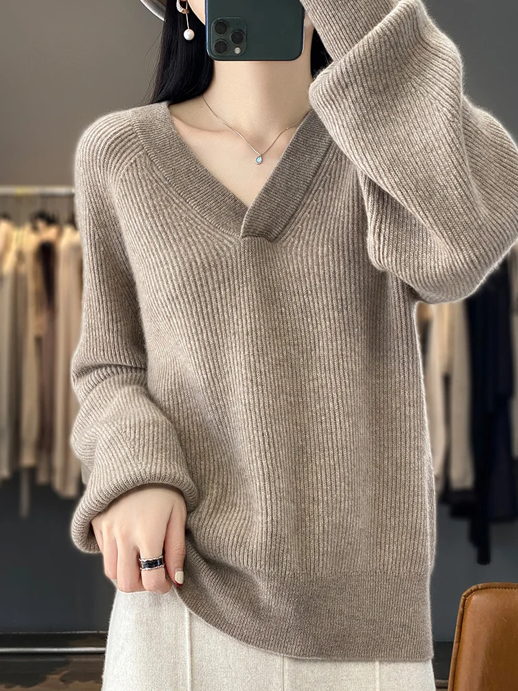 100% Wool Plus size Women Sweater V-Neck Pullover Long Sleeve Top Knitwear Warm Soft Comfortable Simple Outerwear Fashion Trends