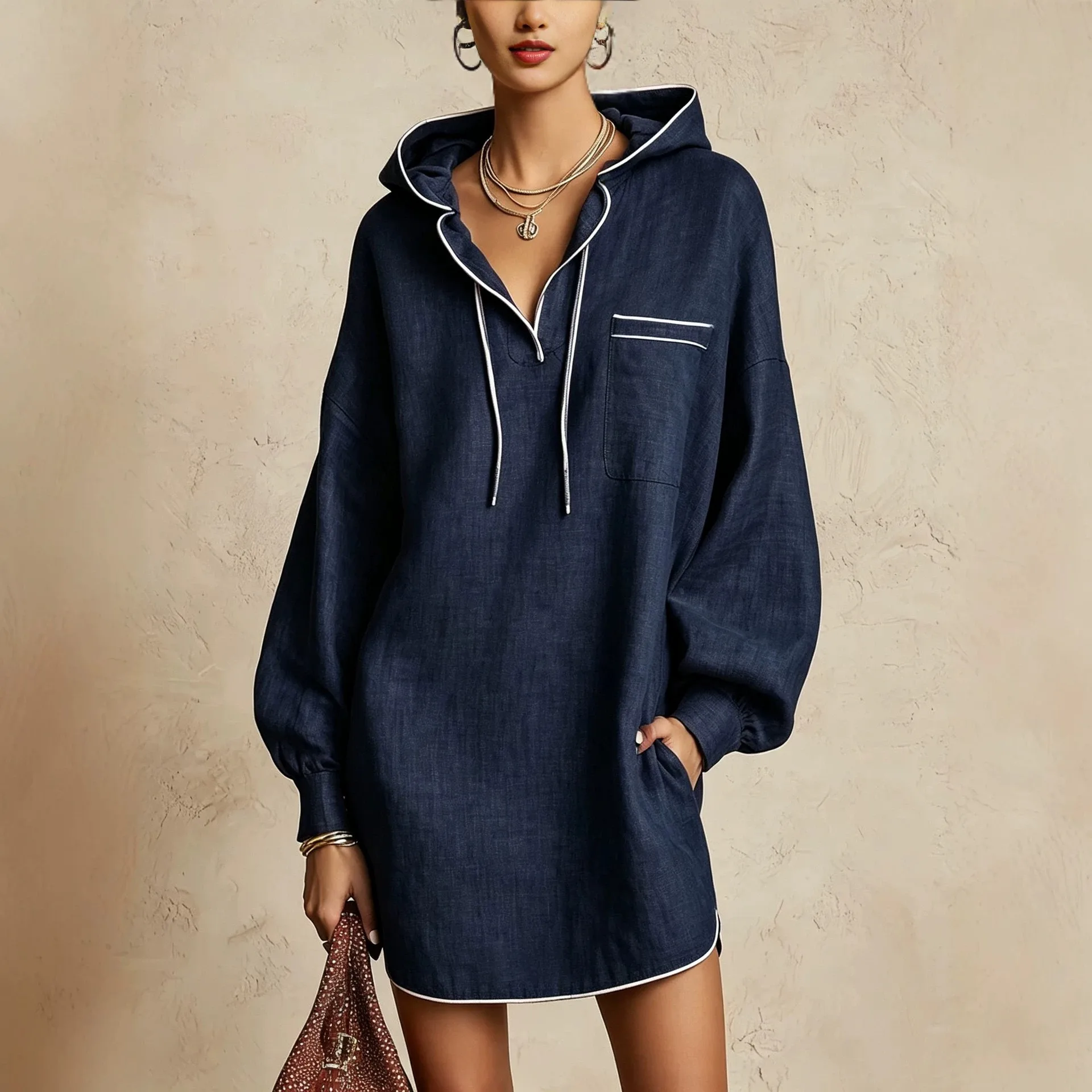 Long Sleeve Skirt Drawstring Hooded Elegant Business Style with Loose Fit Pullover Mid Length Commuter Chic Dresses for Women