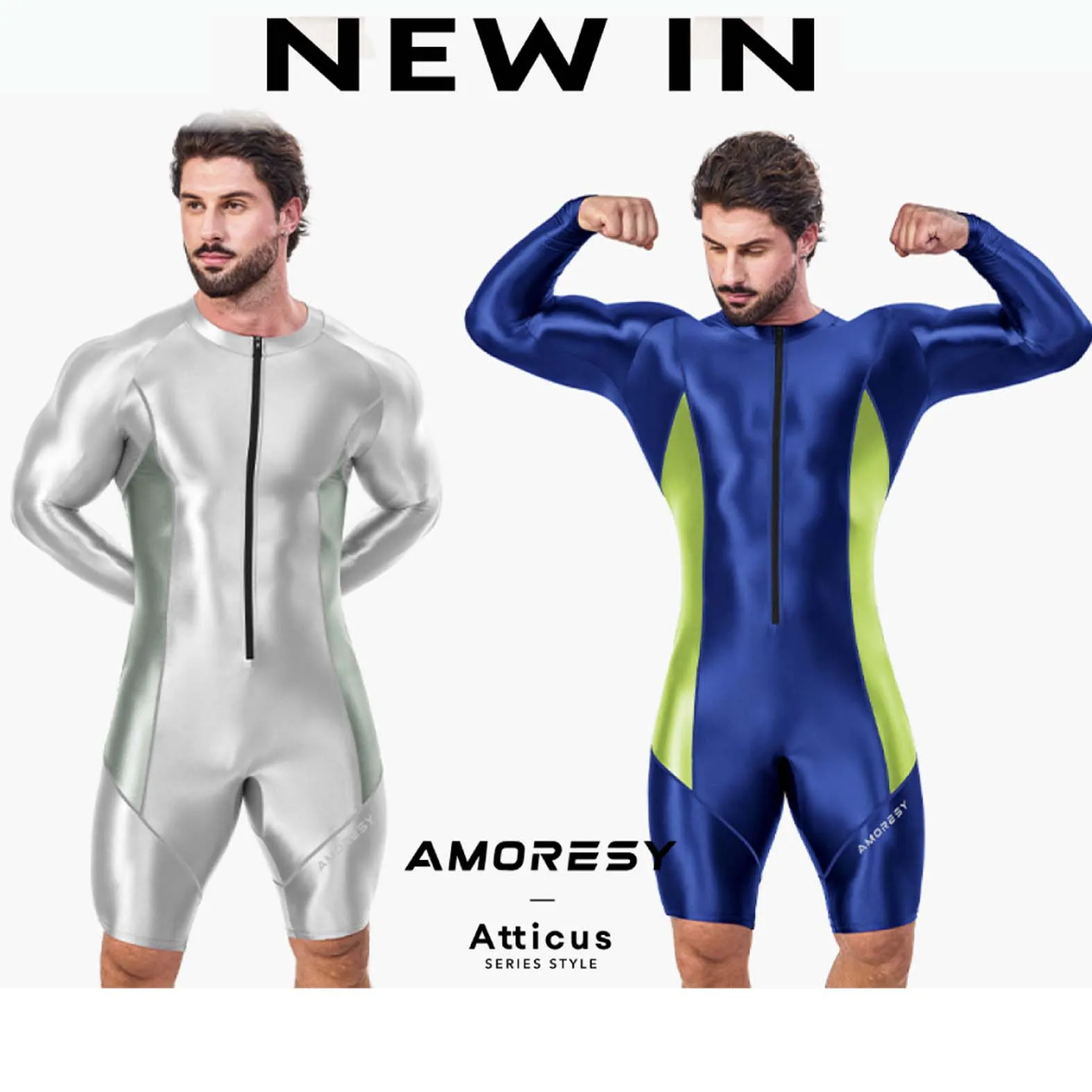 AMORESY Atticus Series Zamek błyskawiczny z przodu, z długimi rękawami, elastanem, sportowe obcisłe, blokowane kolory spodnie pięcioczwarte kombinezon Fitness stroje kąpielowe