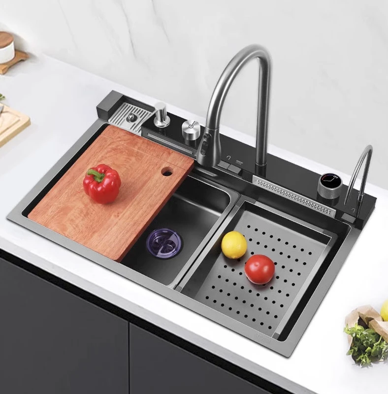 Évier de cuisine multifonctionnel en acier inoxydable, cascade de baleine noire Nano avec robinet extractible moderne