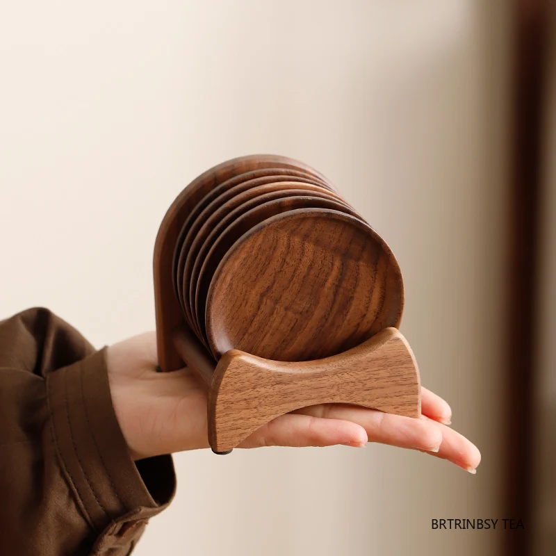 1 Set Chinese Walnut Wood Tea Tray Storage Rack Coffee Cup Coaster Round Solid Wood Teacup Mat Insulation Teapot Tray Teaware