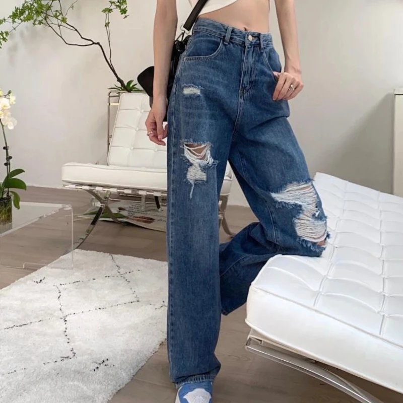 Com buracos calças de perna larga jeans rasgados femininos loosefit calças de cowboy para mulher 90s barato atacado cintura média adolescentes a xxl