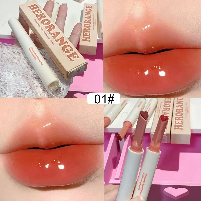 Lápiz labial en forma de corazón con luz de agua, cristal de espejo sólido, brillo de labios de gelatina de aceite transparente, tinte coreano, maquillaje, cosméticos para niñas