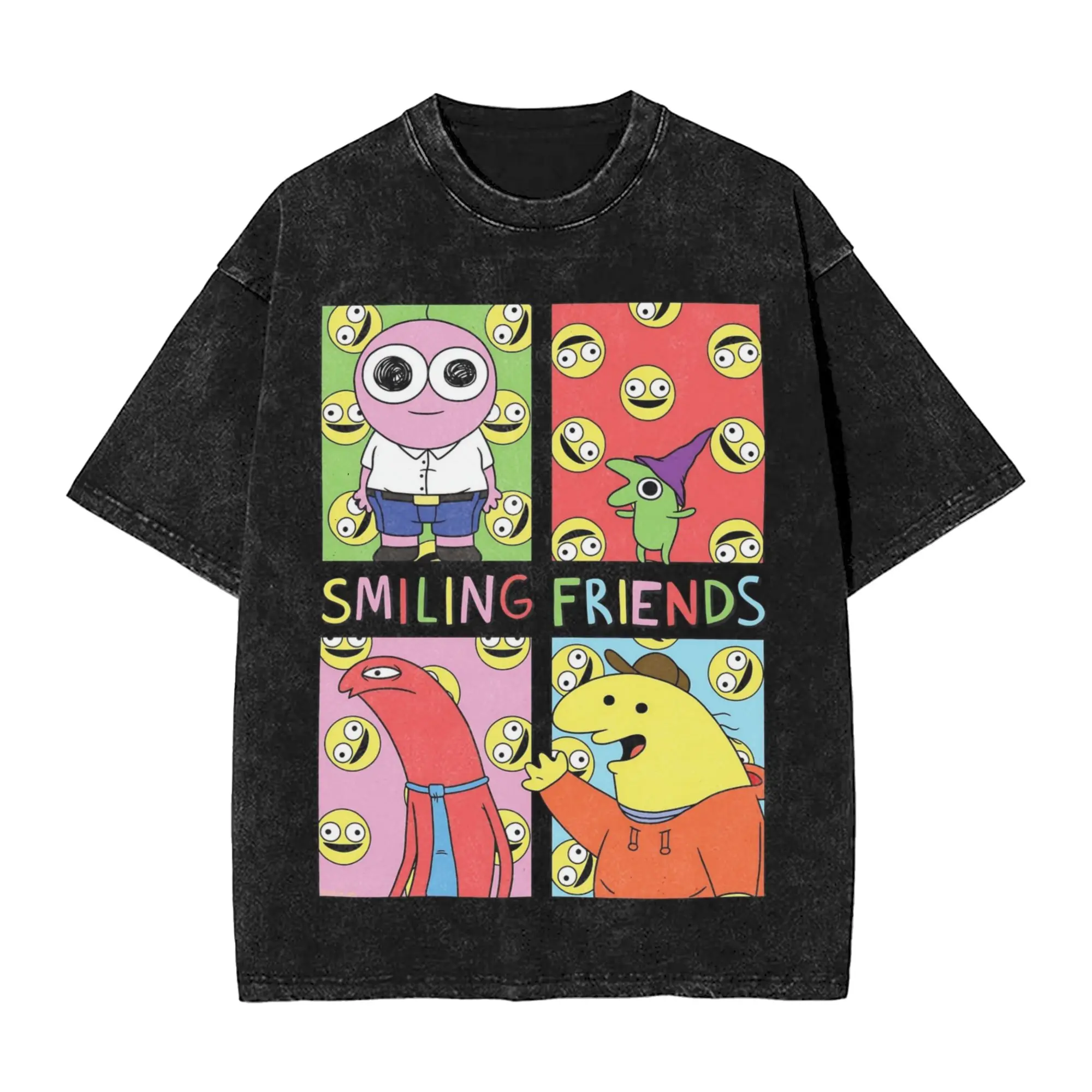 Vintage Smiling Friends Cartoon Outfit T-Shirts for Men Women  Cotton Washed Tee Shirts Clothes