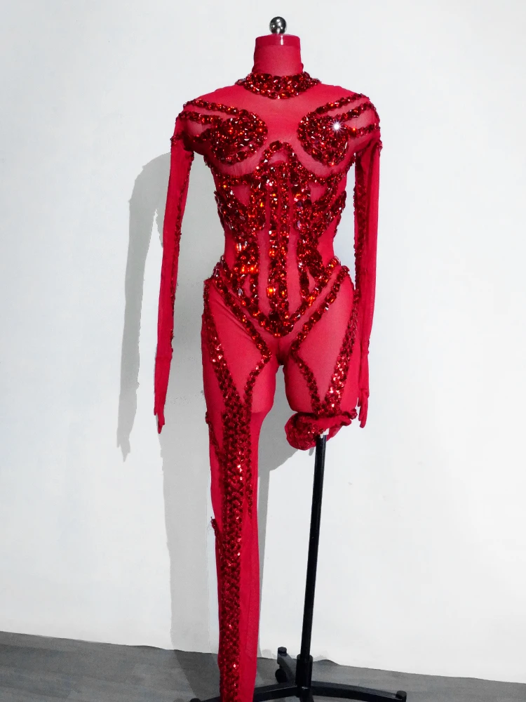 

Red Mesh See-through Jumpsuit Rhinestone Costume Pole Dancing Halloween Singer Stage show drag queen outfits custom Nightclub