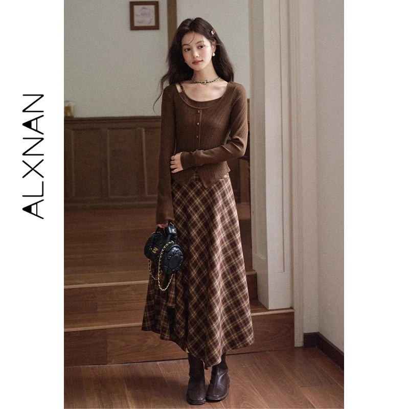 

ALXNAN Women's Autumn Sweater 2025 Brown Vintage Elegant Knitted Pullover False Two-layer Collar Asymmetric Hem Knitwear L569116