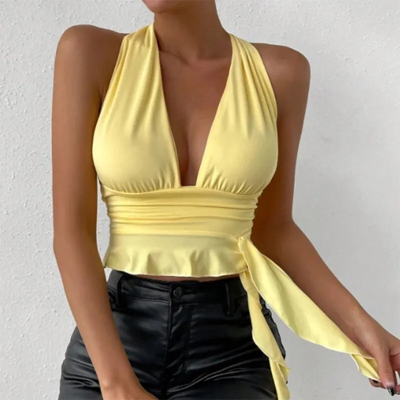 Women\'s Sexy Tight Fitting Deep V-neck Pleated Top Tight Fitting 2024 Spring Beach Resort Nightclub New Model Women\'s Sexy Tigh