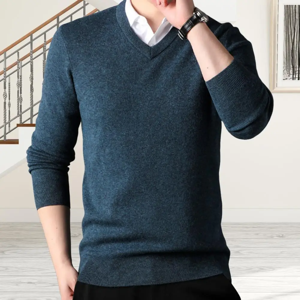 Men Sweater V Neck Knitted Solid Color Elastic Stretchy Pullover Mid Length Formal Business Casual Sweater Men\'s Clothing