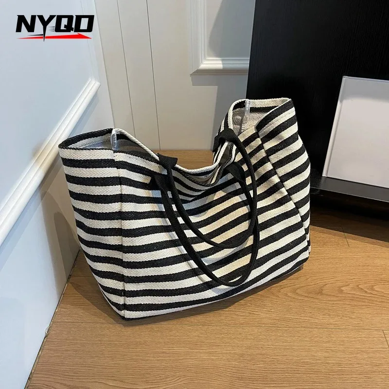 Casual Striped Canvas Bag For Women Large Capacity Shoulder Bag Tote Handbag Shopping Shoulder Bags Bookbag Travel Beach Bag