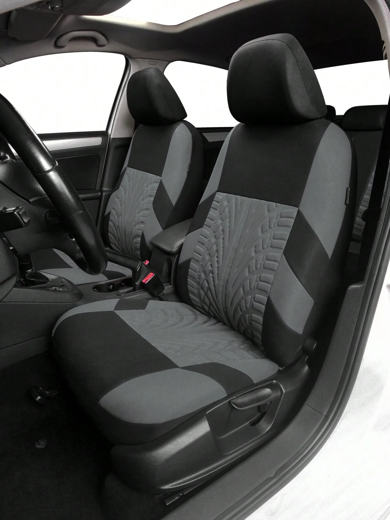 

9-piece full fabric car seat cover set with 3D tire print design. Compatible with airbags and split rear seats, easy to install. Universal fit for cars, trucks and SUVs.