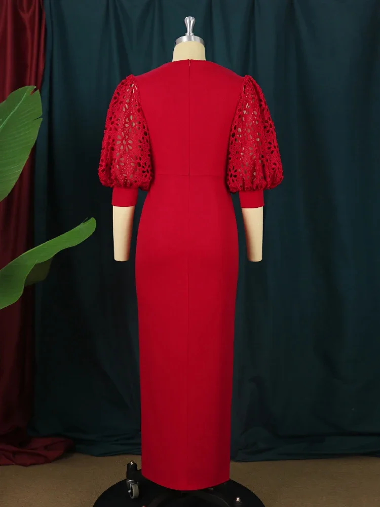 Robes rouges vintage pour femmes, grande taille, dentelle évidée, demi manches, robe fendue sur le devant, fête, événement, vêtements d'anniversaire, 4XL