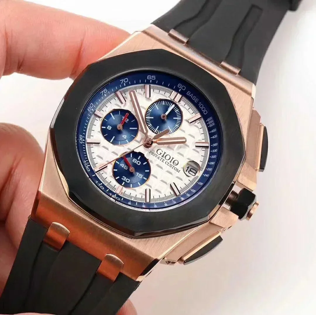 

Luxury New Men Quartz Chronograph Watch Rose Gold Black Rubber Sport Watches